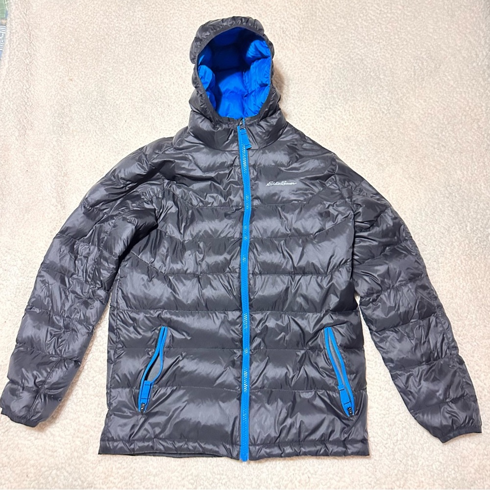Eddie Bauer Black and Blue First Ascent Puffer Hooded Jacket Winter Down Coat L